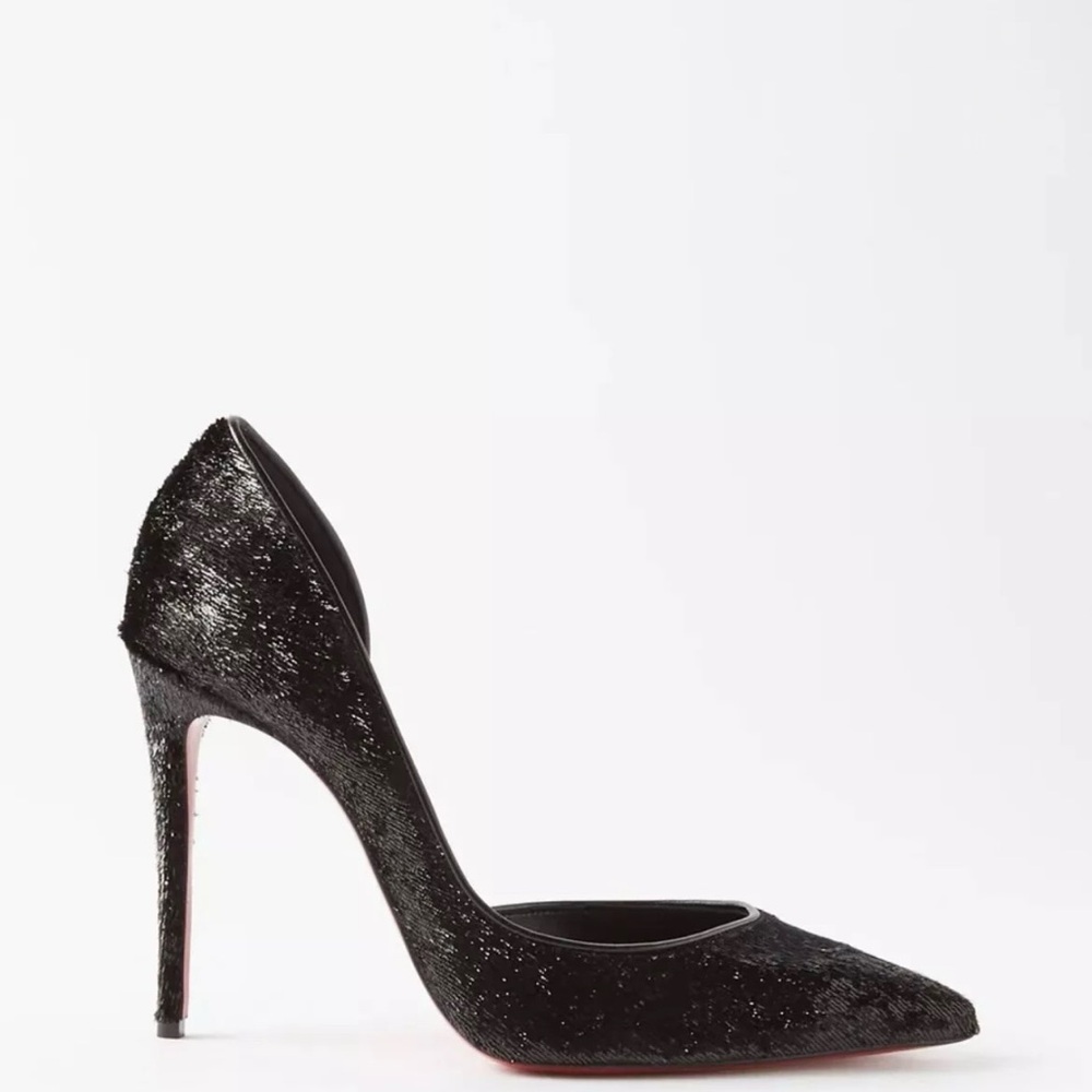 Christian Louboutin Iriza 100mm Black Lame Velvet Ponyhair Pumps Size EU 38.5